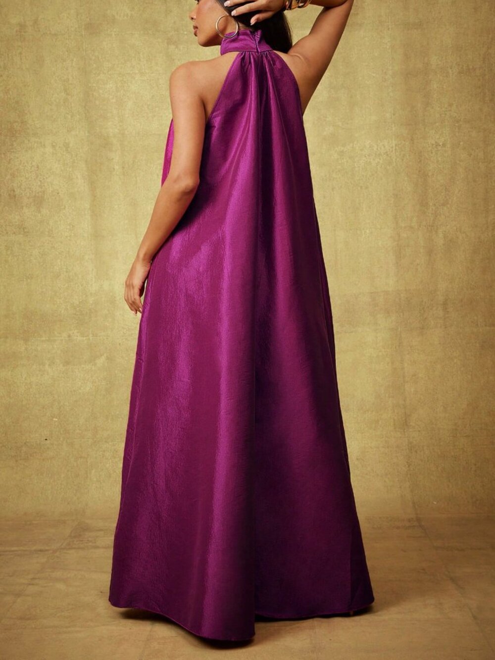 Purple Elegant Women's Taffeta Bow Tie Halter Neck Extra Wide Leg Jumpsuit - Picture 2 of 5
